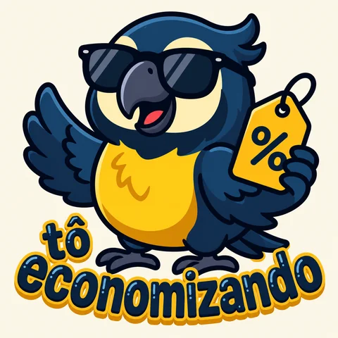 Mascote do Tô Economizando: uma arara de óculos escuros segurando uma etiqueta de desconto.